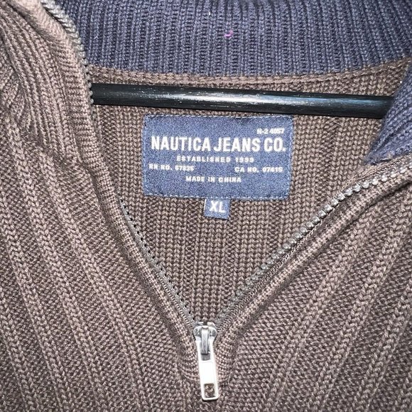 Nautica Jeans Co Mens Ribbed Knit Long Sleeve 1/4 Zip Sweater Size XL Brown - Picture 2 of 7